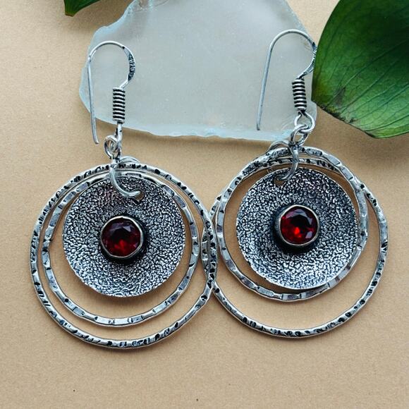 925 Sterling Garnet Dangle Earrings - Picture 2 of 5